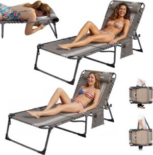 2-delige set opvouwbare zonnebedden met verstelbare rugleuning en draagband, 190 x 59 cm, voor tuin, strand en camping