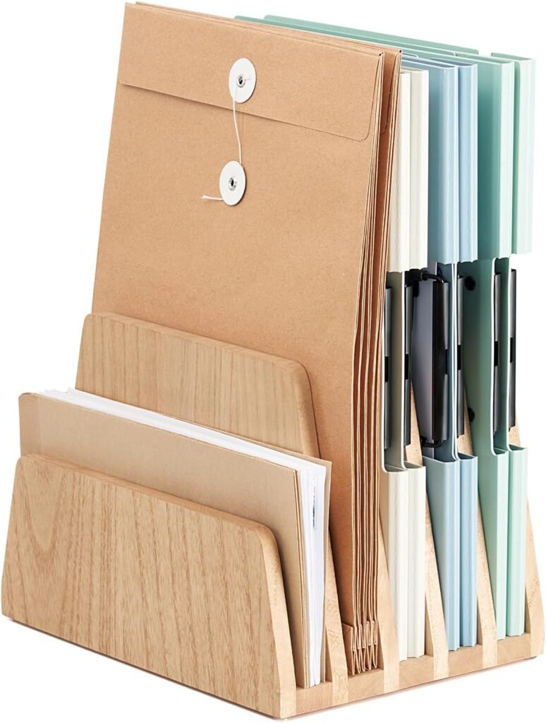 Houten bureau organizer met 5 vakken van massief hout voor documenten, post en papier in natuurlijke houtkleur