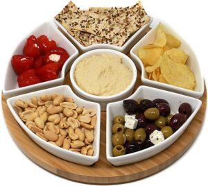 Draaiplateau met Serveerschalen – Bamboe Draaiplateau met 5 Porseleinen Kommen – Snackschalen en Tapasschalen – 29 cm