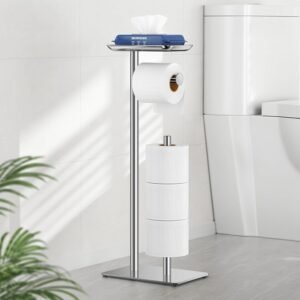 Staande Toiletpapierhouder met Plank – Toiletrolhouder met Opbergruimte – Ruimte voor 4 Reserve Rollen – Zilver, Modern Toiletaccessoire
