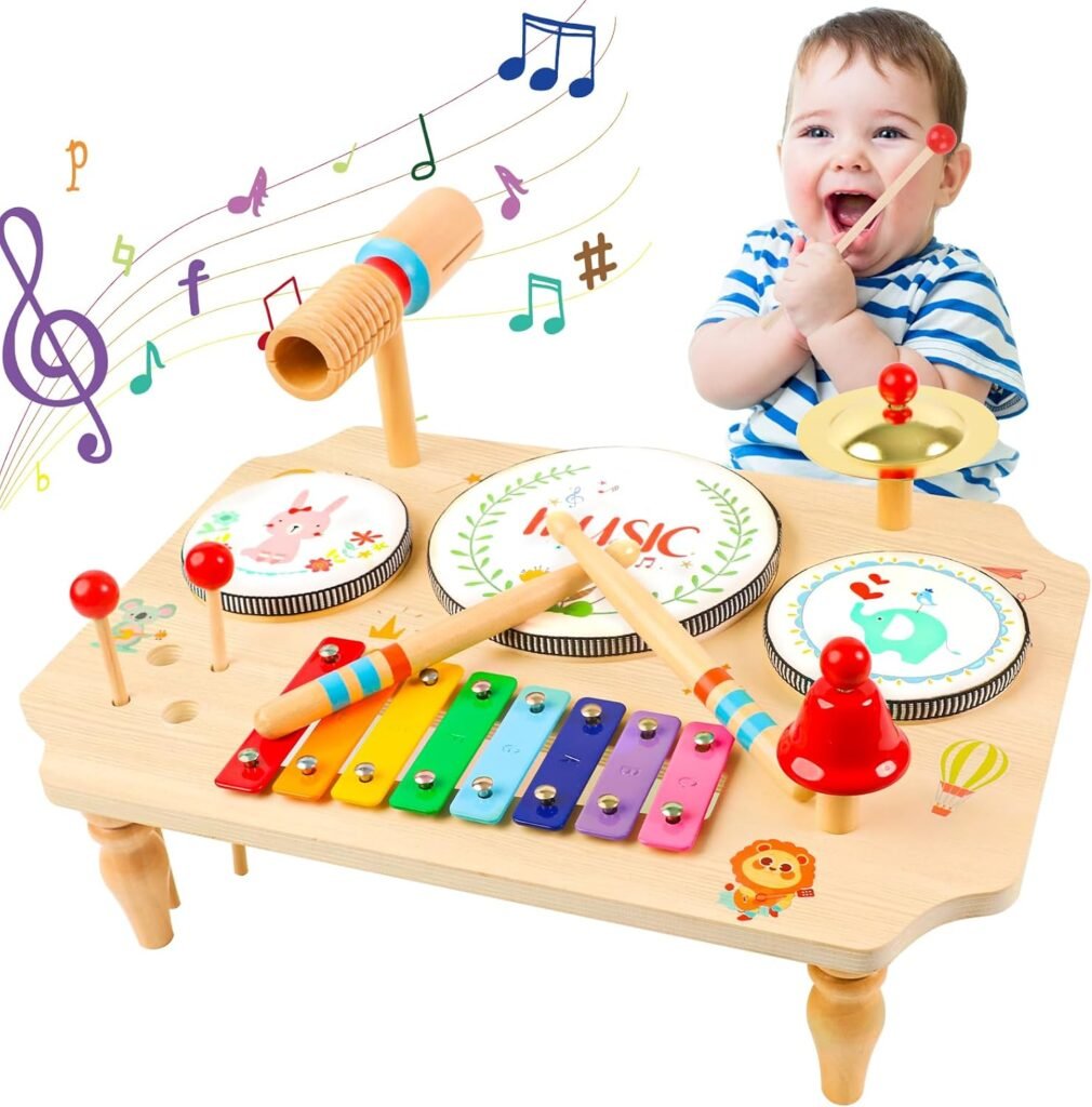 Houten drumstel voor kinderen 11-in-1 met xylofoon, trommels en tamboerijn, muziekinstrumenten vanaf 1 jaar