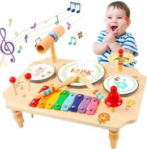 Houten drumstel voor kinderen 11-in-1 met xylofoon, trommels en tamboerijn, muziekinstrumenten vanaf 1 jaar