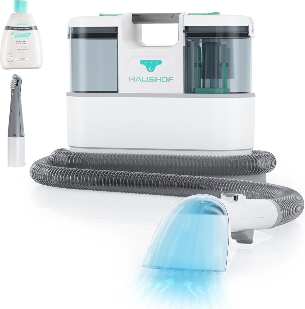 Snoerloze 24V tapijtreiniger met borstel en reinigingsmiddel voor tapijten, meubels en auto
