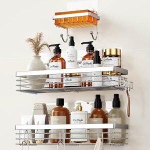 Douche Caddy Set Zelfklevend – Badkamer Organizer met Zeepbakjes en Plankjes – Wandgemonteerd Opbergrek Zonder Boren – RVS met 5 Haken, 3 Stuks Zilver