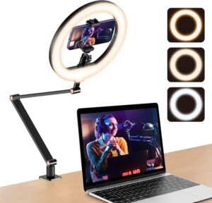 Verstelbare bureauarmstandaard met telefoonhouder en oplaadbaar videoconferentielicht