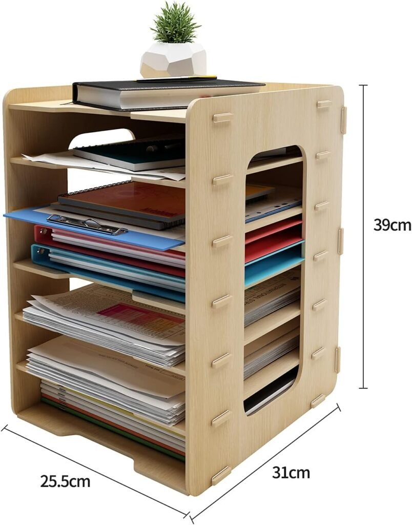 Documentenbak A4 Hout met 7 Vakken - Documentenhouder en Bureau Organizer - Voor Papieren, Mappen en Brieven - Kantoor en Studie