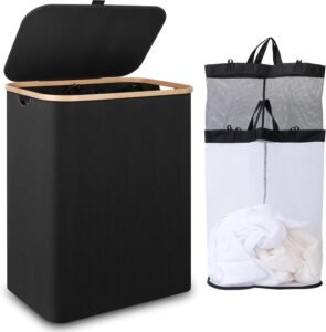 Grote Wasmand met Deksel 150 Liter – Dubbele Wasmand met 2 Compartimenten – Wasbare Binnenzakken – Opvouwbare Wasmand voor Kleding en Handdoeken