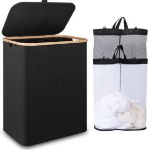 Grote wasmand met deksel van 150 liter met 2 compartimenten en wasbare binnenzakken voor kleding en handdoeken
