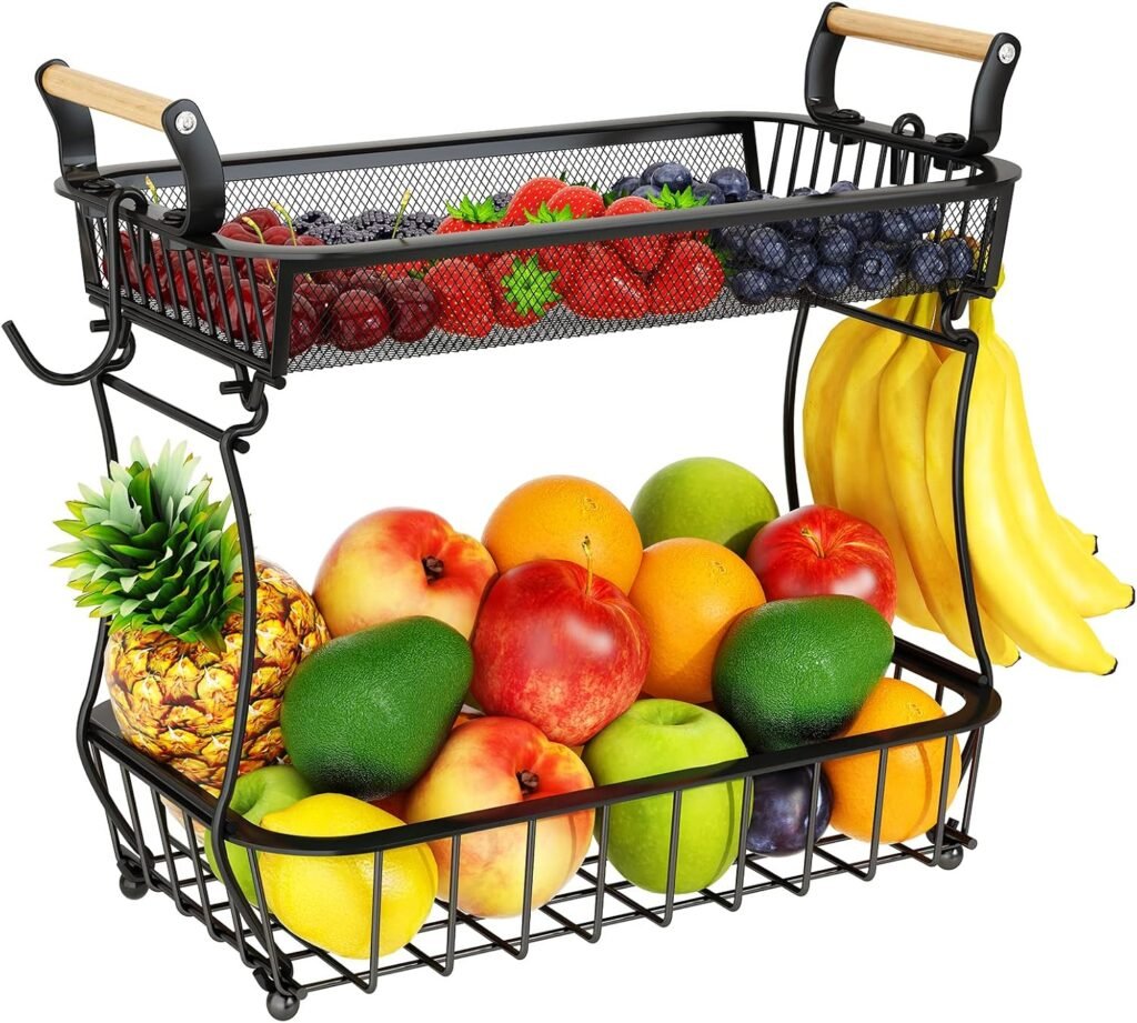 Zwarte metalen fruitmand met 2 niveaus en 2 bananenhouders voor fruit, groenten en snacks