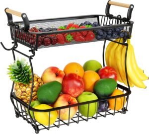 Fruitmand 2 Niveaus met 2 Bananenhangers – Metalen Fruitkom voor Groenten en Snacks – Zwarte Keuken Fruitmand – 2-Laags Ontwerp