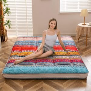 Futon Matras 135 x 190 cm – Boheems Bloemenpatroon – Japanse Vloermat – Rolbaar Logeerbed en Slaapmat voor Camping