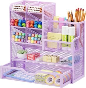 Bureau Organizer Metaal Mesh met Lade – Pennenhouder en Bureau Opbergsysteem – Multifunctionele Kantoor Organizer – Compact Design Blauw