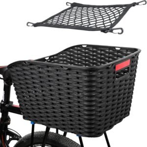 Fietsmand Achter 27L – Gevlochten Kunststof Riet – Weerbestendige Bagagedrager Mand – Inclusief Bagagenet en Waterdichte Hoes