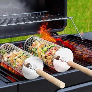 Grillmand Set 2 Delig RVS 24×10 cm – Cilindrische BBQ Groentenmand met Houten Handvat – Roterend Grillrooster voor Barbecue en Buiten