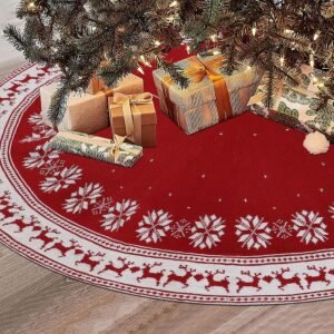 Rood gebreid kerstboomkleed 122 cm met sneeuwvlokken en rendieren voor kerstboomstand