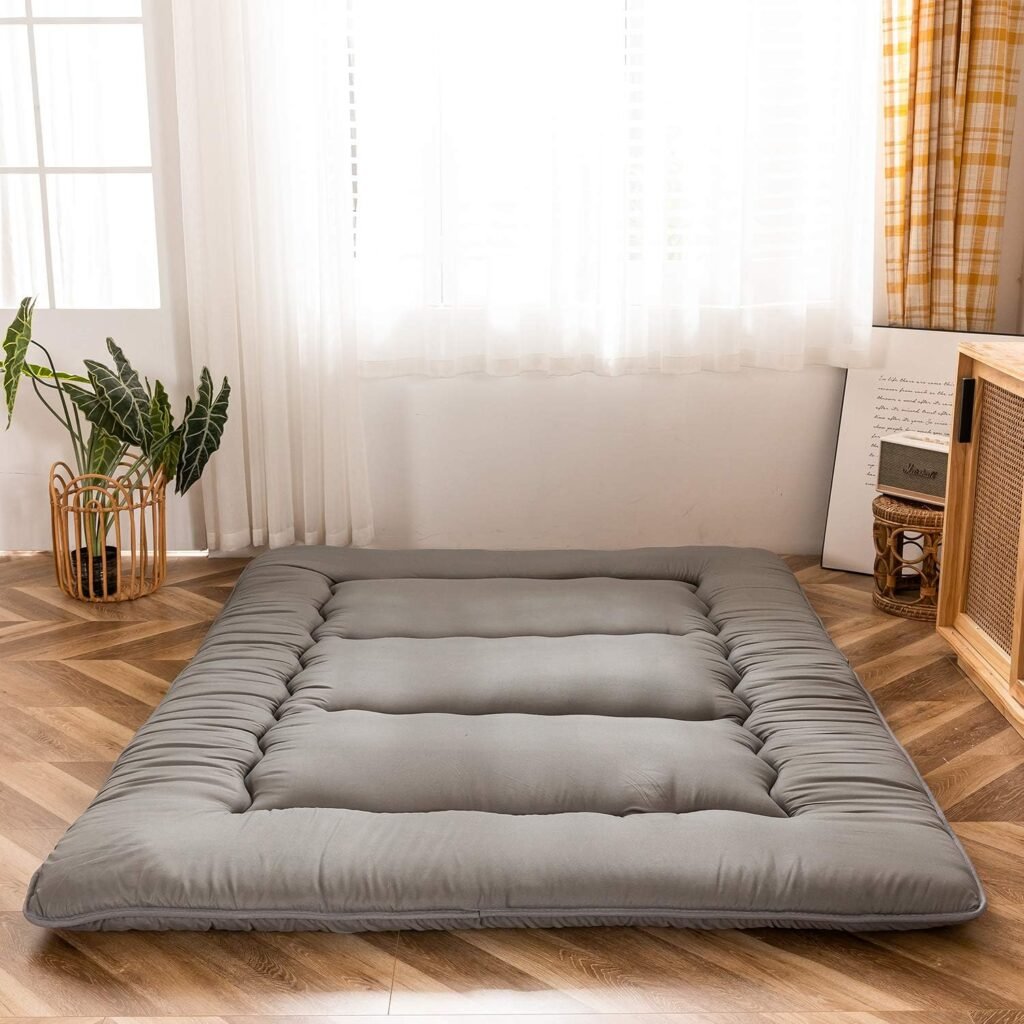 Opvouwbare Japanse futon 90x200 cm met hoofdkussen, rolbaar vloermatras in charcoal grijs voor slapen en logeren