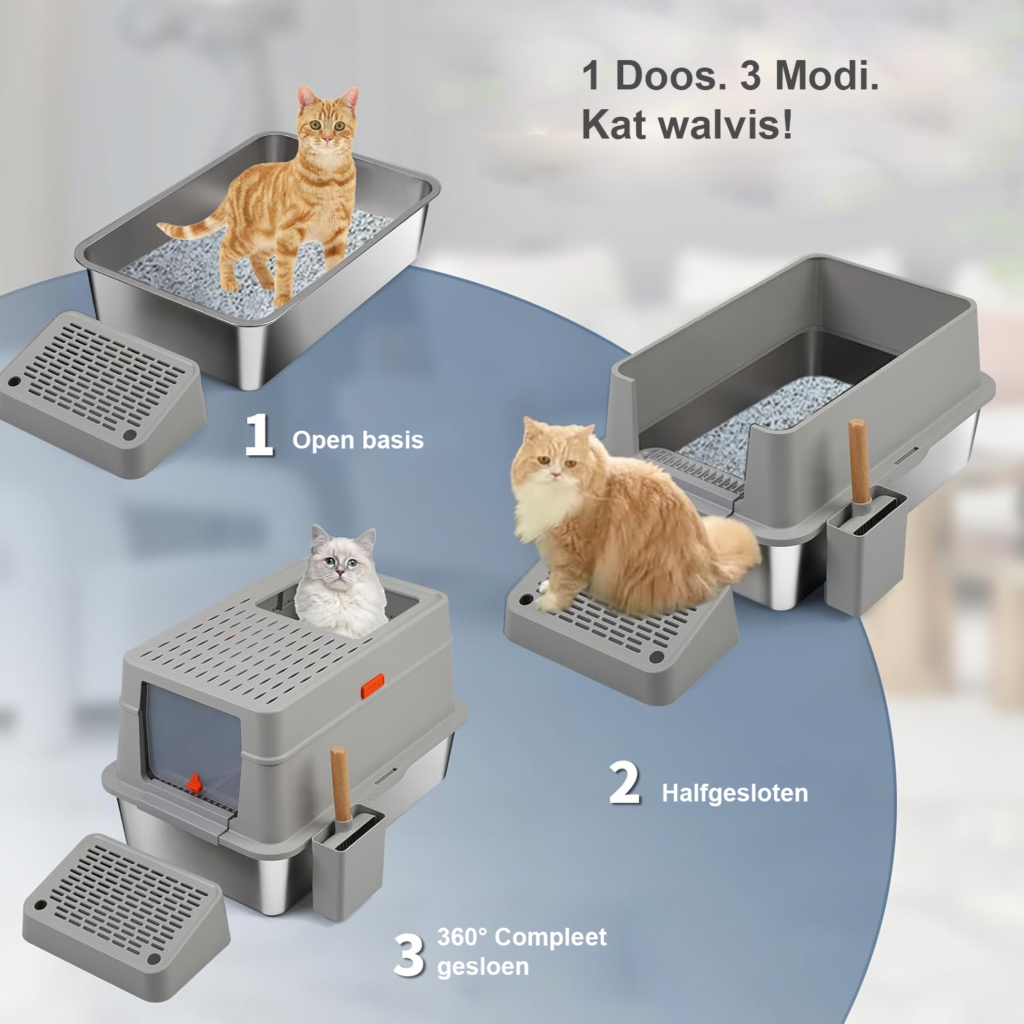 RVS kattenbak met deksel XXL, gesloten metalen kattenbak met schep voor grote katten en meerdere katten, plakvrij en gebruiksvriendelijk