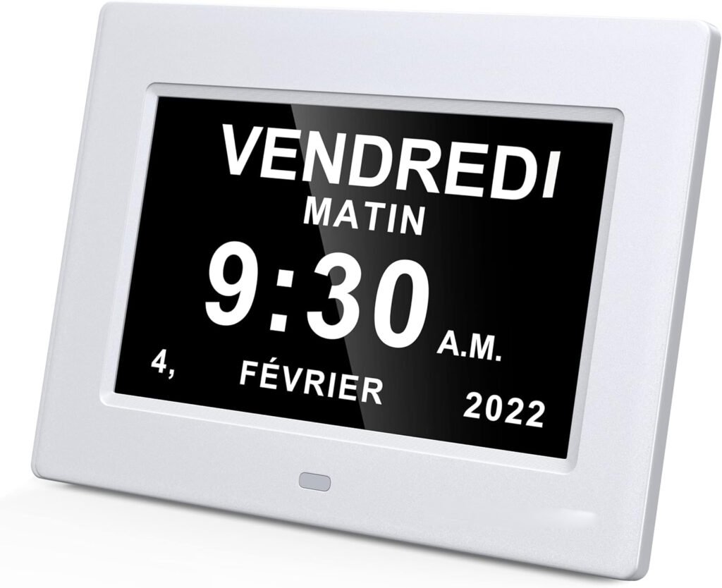 Digitale kalenderklok 17,8 cm - LCD-scherm met datum, dag en tijd - witte klok met automatische dimfunctie en herinneringen