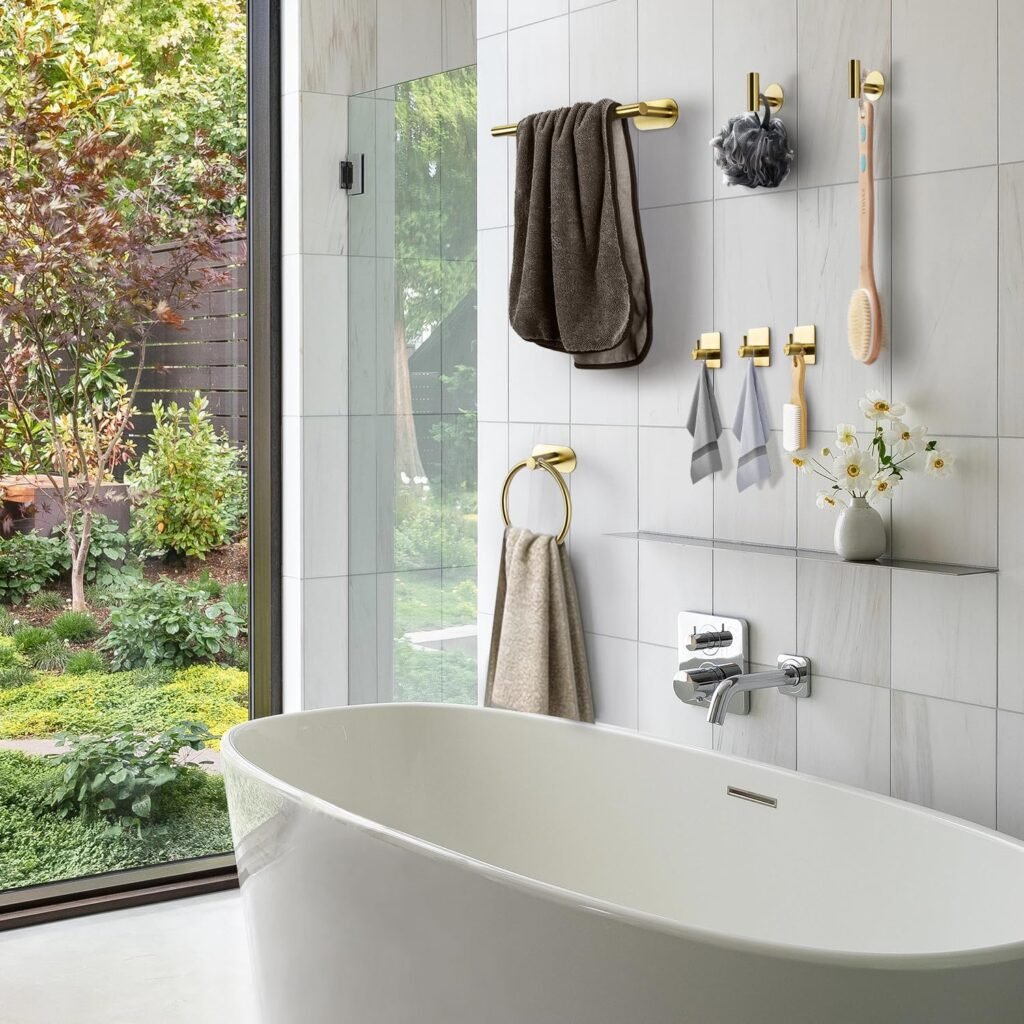 Gouden handdoekrek set met handdoekring, toiletpapierhouder en 2 handdoekhaken