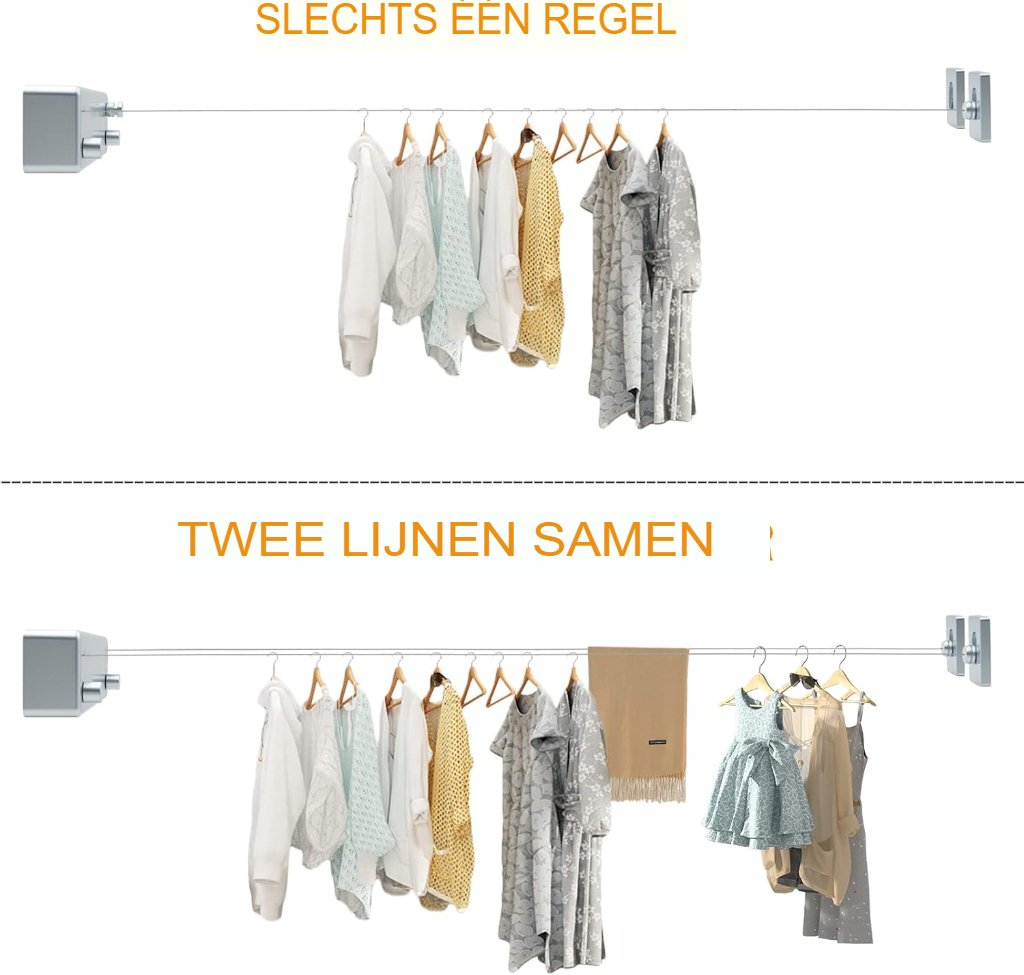 Uittrekbare dubbele waslijn voor wandmontage, verstelbaar tot 4,2 meter voor binnengebruik
