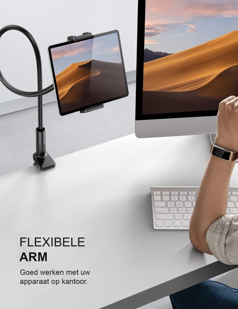 Universele tablet houder met flexibele zwanenhals arm, 360° draaibare klem voor iPad, Samsung Tab, telefoon en Nintendo Switch in zwart