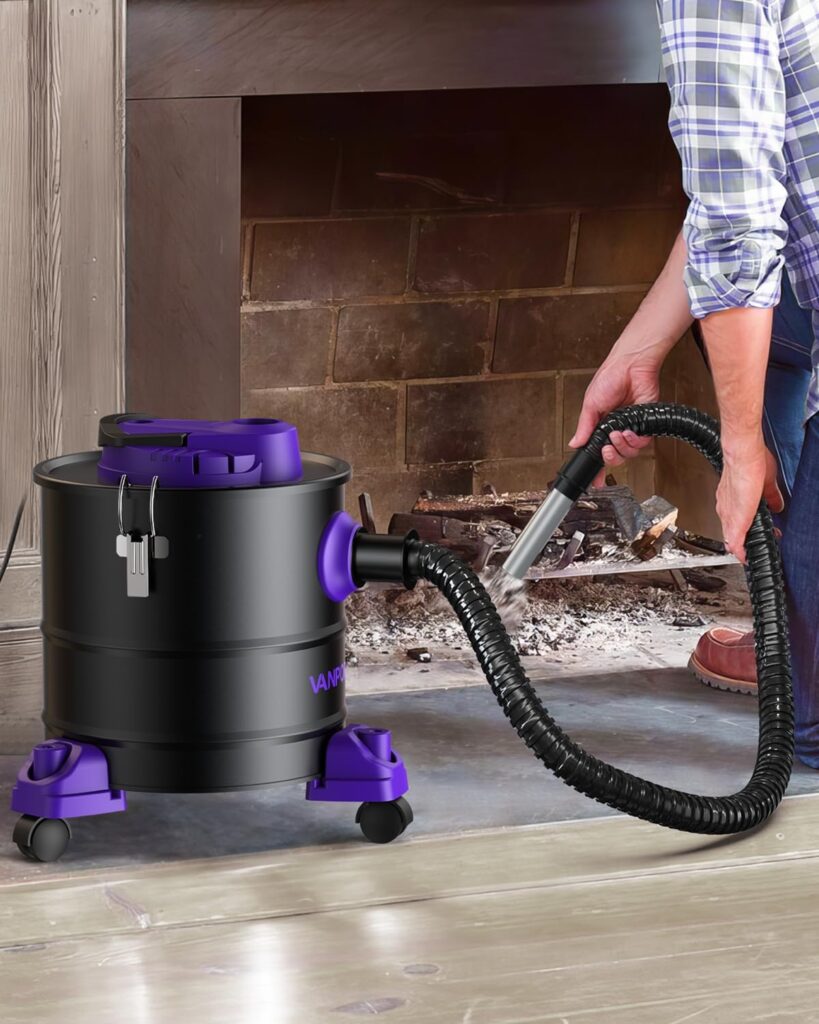 Paarse asstofzuiger van 20 liter en 1200W met rolbasis voor haard, pelletgrill, oven en kachel