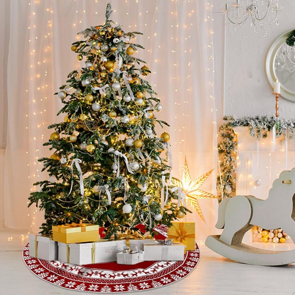 Gebreide rode kerstboomrok 122 cm met rendieren en sneeuwvlokken, decoratief kerstboomkleed voor kerst- en nieuwjaarsdecoratie