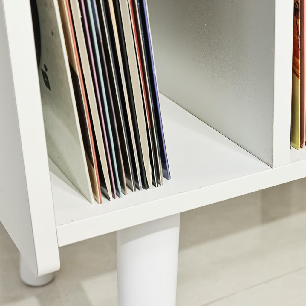 Wit houten vinyl platenrek met opbergruimte en platenhouder voor platenspeler, draagvermogen tot 136 kg