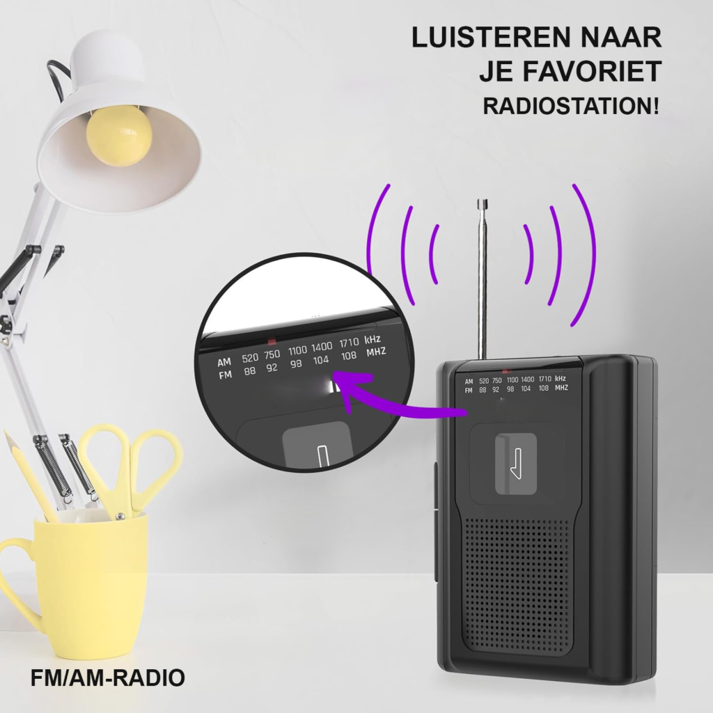 Cassette speler en recorder met AM/FM-radio, ingebouwde speaker, microfoon en koptelefoonaansluiting inclusief koptelefoon