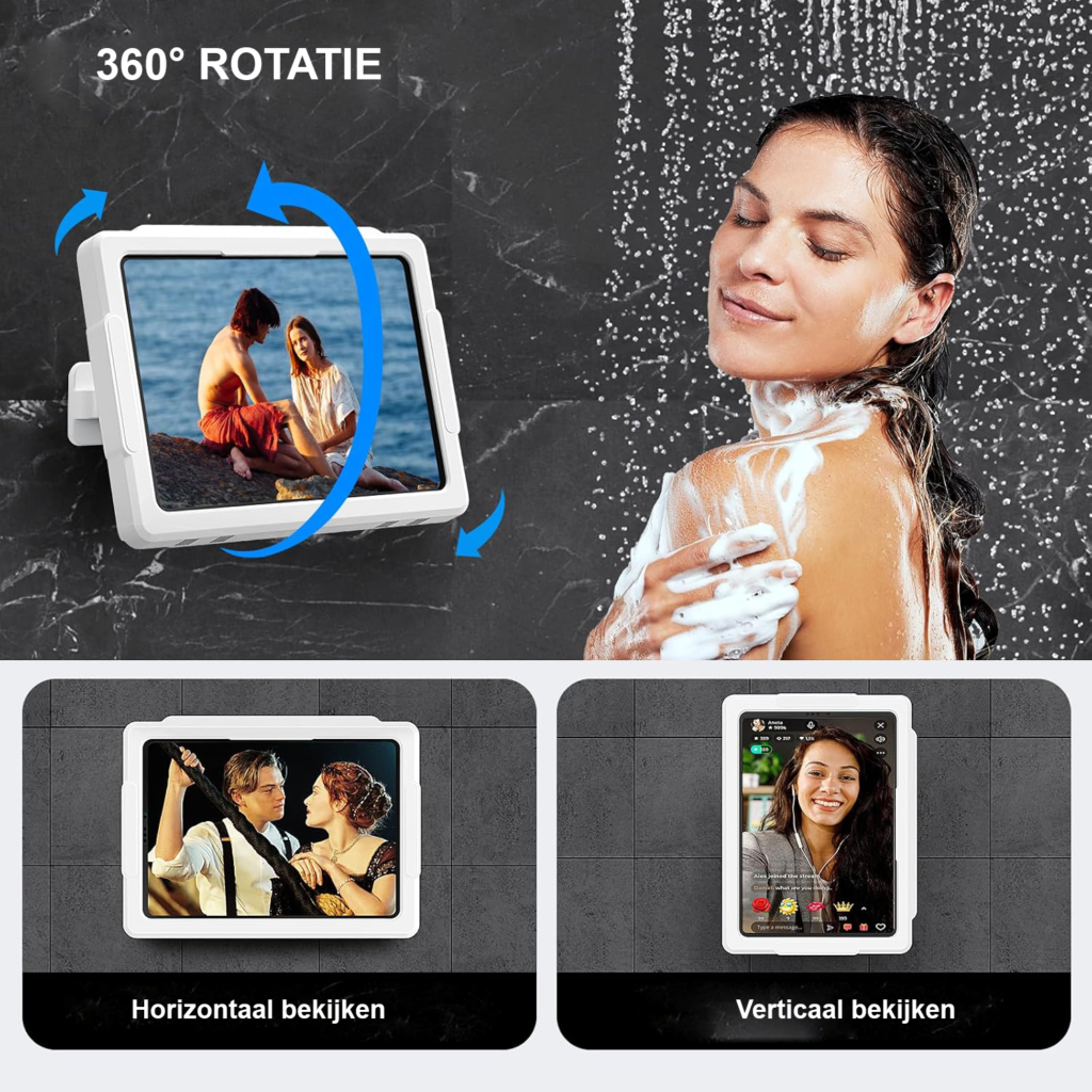 Waterdichte tablet houder met 360° draaibare muurbeugel voor douche, badkamer en keuken tot 11 inch