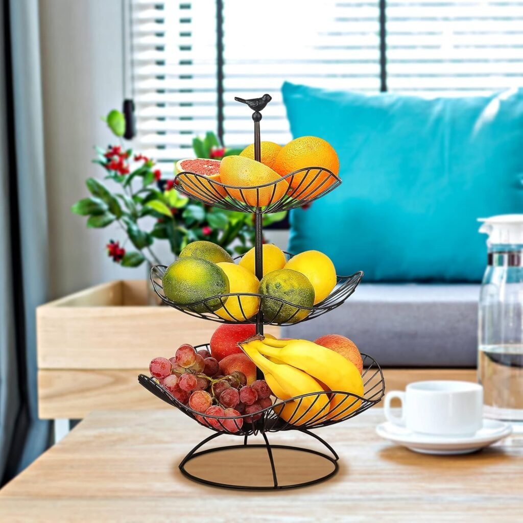 3-Laagse Fruittoren Zwart - Metalen Fruitmand Voor Fruit En Groenten - Fruitstand Met 3 Opbergbakken - 31 x 25 x 20 cm
