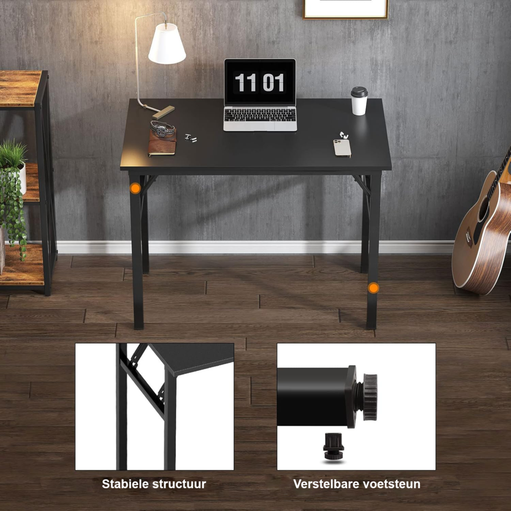 Opvouwbaar Bureau 80x40 cm - Computer Tafel voor Thuiswerk en Kantoor - Vergadertafel met Teak Look en Zwart Frame - Compact Design