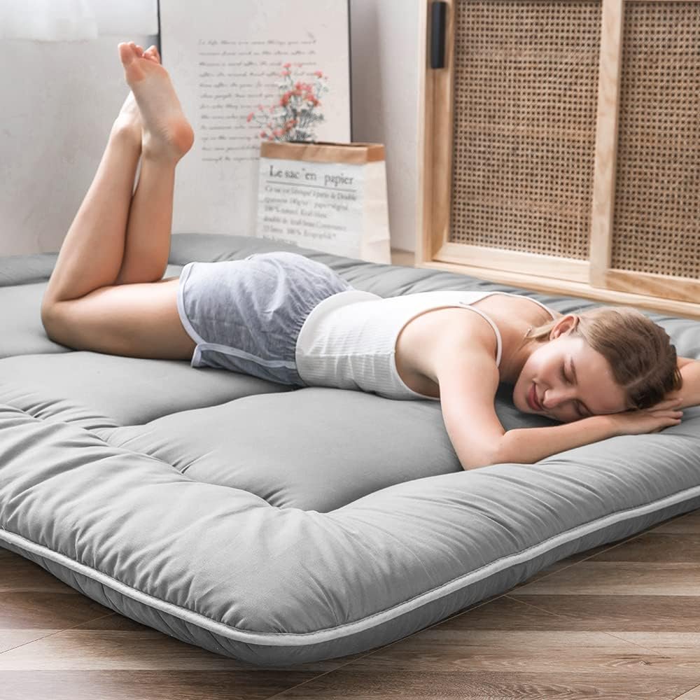 Japanse futon vloermatras grijs, opvouwbare tatami slaapmat voor slapen en vloerloungen dubbel