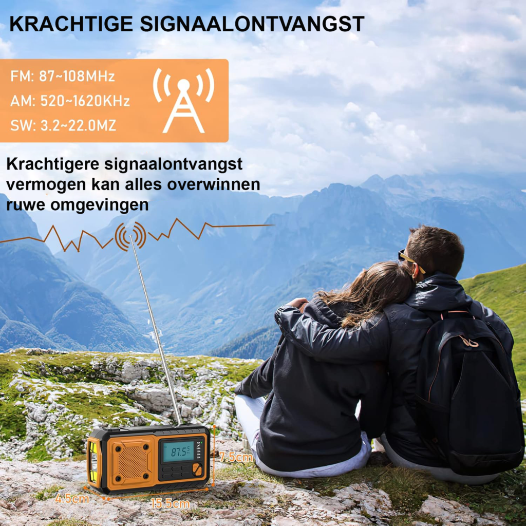 Opwindbare noodradio met zonnepaneel, 4000mAh powerbank, SOS alarm, zaklamp en telefoon opladen voor camping en outdoor gebruik