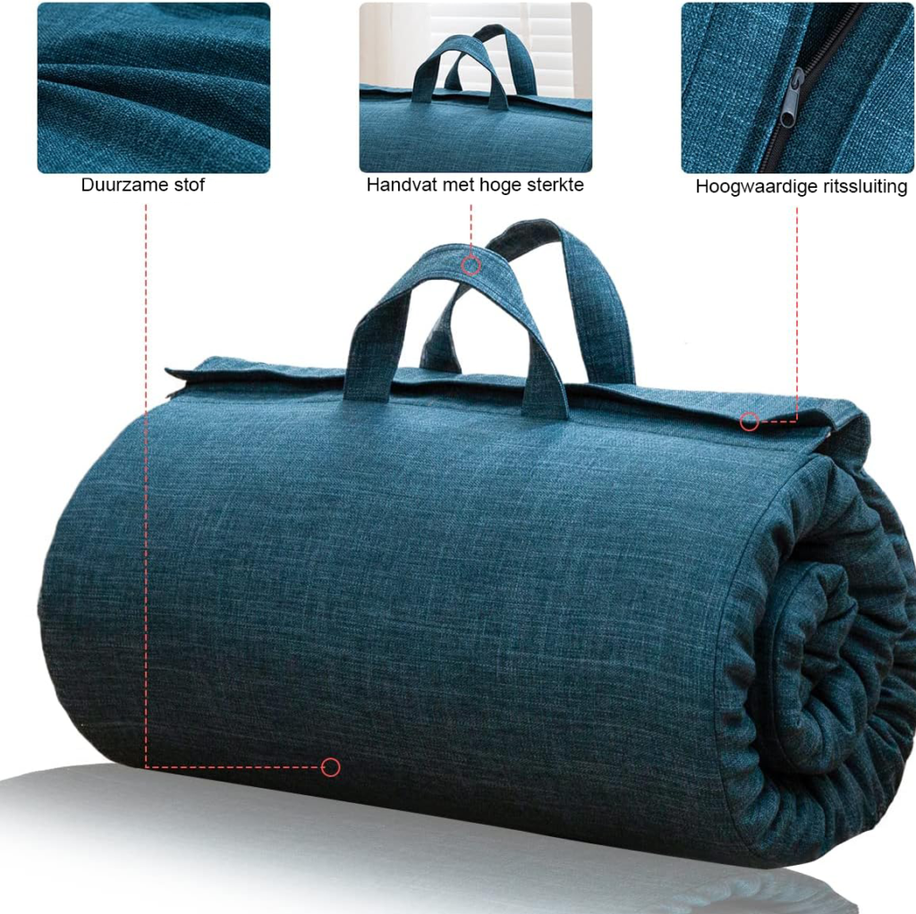 Opvouwbare futon matras van memory foam met handgreep en ritssluiting voor camping, logeerbed en binnengebruik 90 x 190 cm