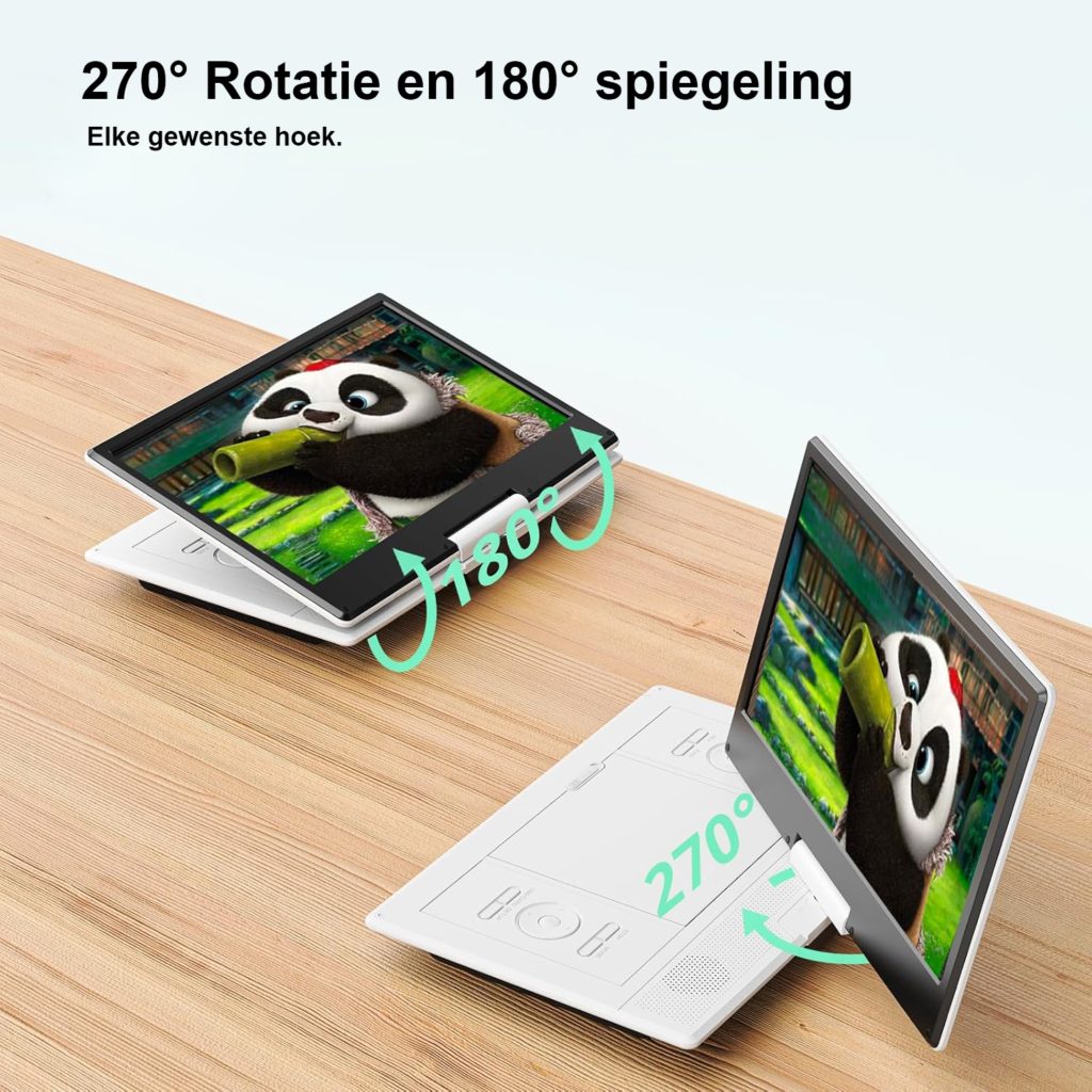 Draagbare dvd-speler 14,1 inch met draaibaar HD-scherm, USB/SD en 4-6 uur accuduur, wit
