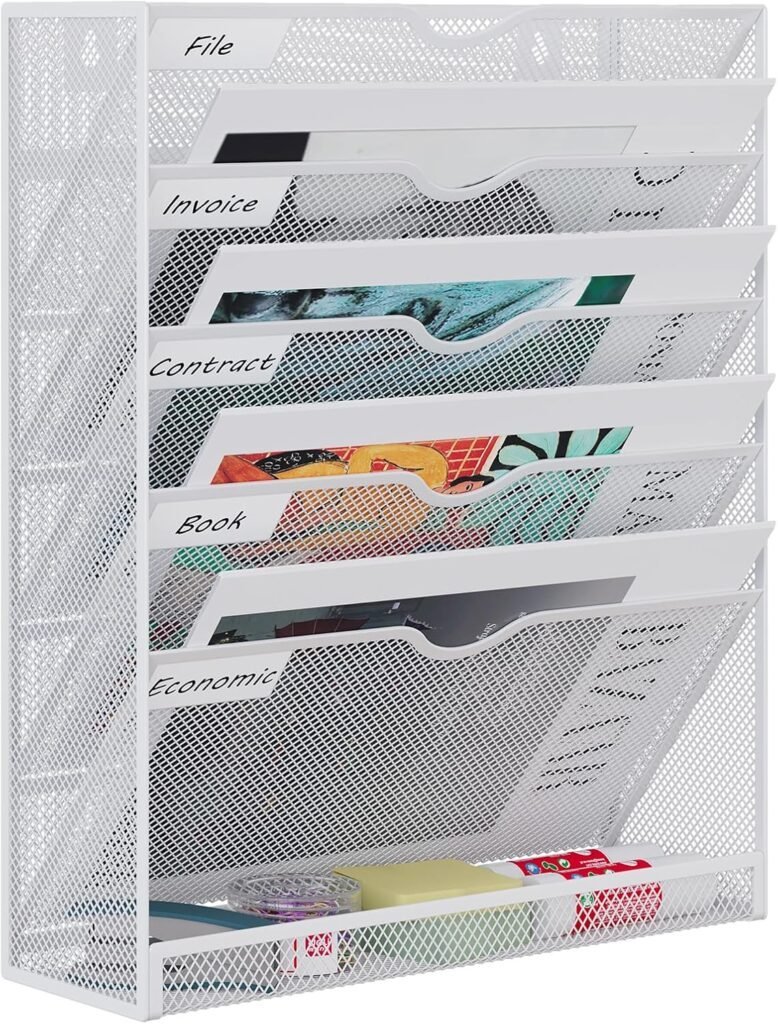 Documenthouder Wandrek 6-Laags A4 - Mappen Organizer voor Documenten en Tijdschriften - Mesh Wandopberger - Wit