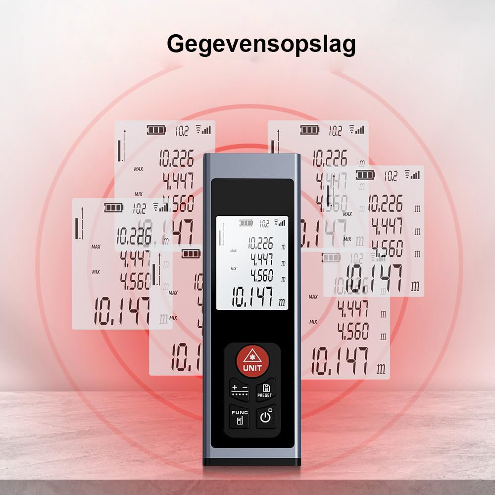 Digitale laserafstandsmeter met elektronisch waterpas en LCD, USB-C oplaadbaar, voor afstands-, oppervlakte- en volumemeting