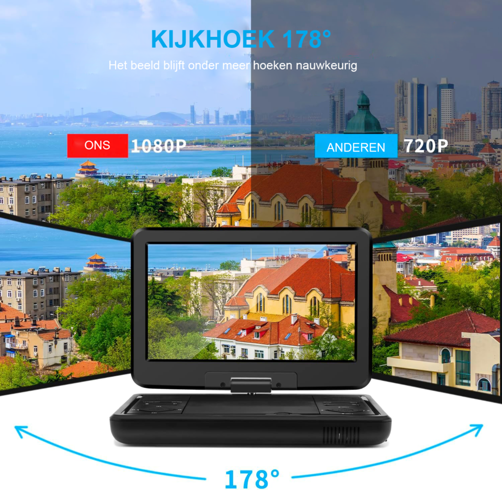 Draagbare DVD-speler 10,1 inch met DVB-T2 TV, draaibaar LED-scherm en USB-, HDMI- en AV-aansluitingen