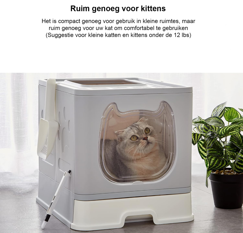 Vouwbare kattenbak met deksel en kattenbakschep, grijs, met 2-in-1 schoonmaakborstel