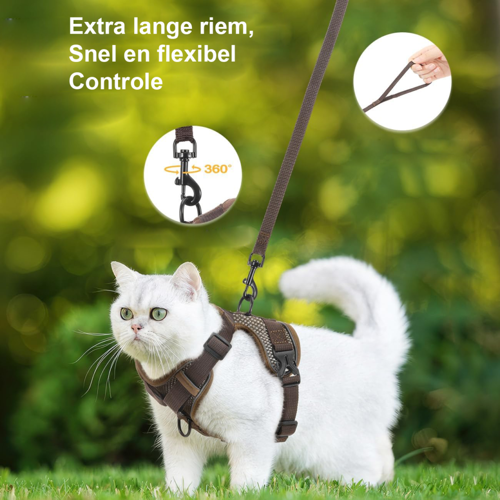 Kattenharnas met riem, verstelbaar ademend mesh vest met reflecterende strip voor katten en kittens, maat M