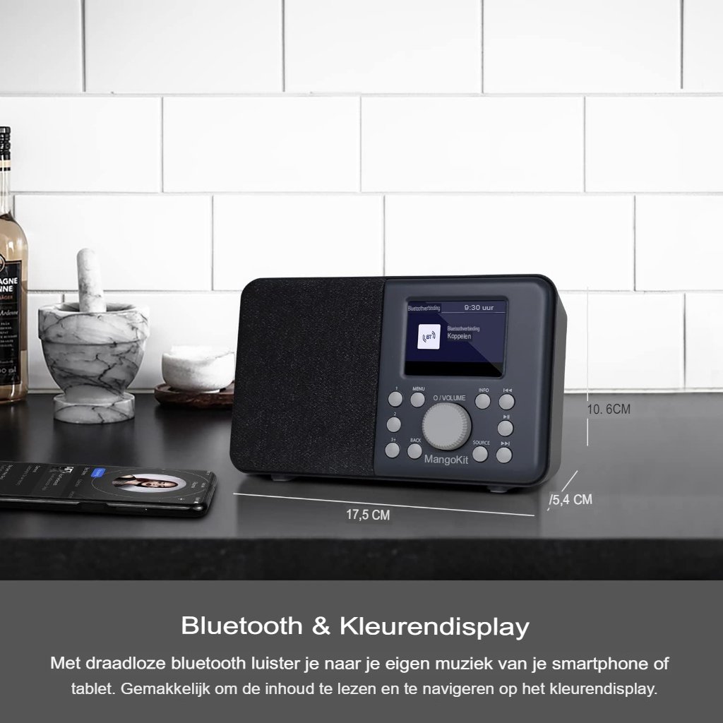 DAB+ radio met Bluetooth, kleurenscherm, FM, 40 voorkeuzezenders, alarm en klok