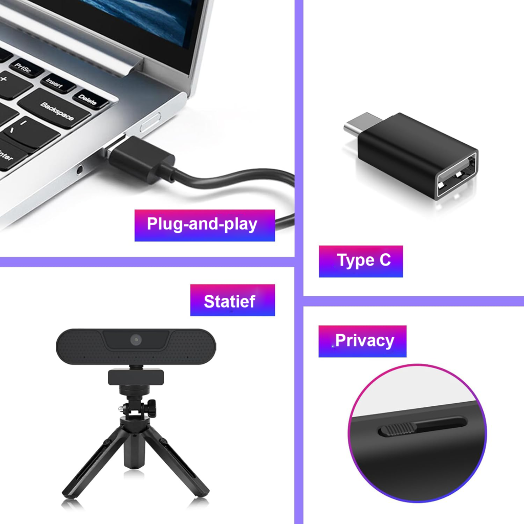 4K webcam met microfoon – UHD autofocus webcam met privacybescherming en statief voor PC en laptop