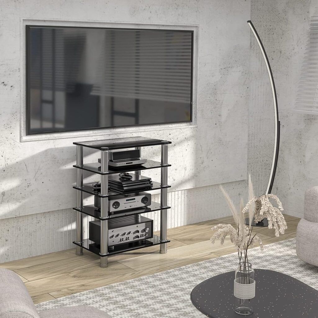 Hifi rack met 5 glazen planken voor platenspeler, dvd en tv, zwart mediameubel voor audioapparatuur