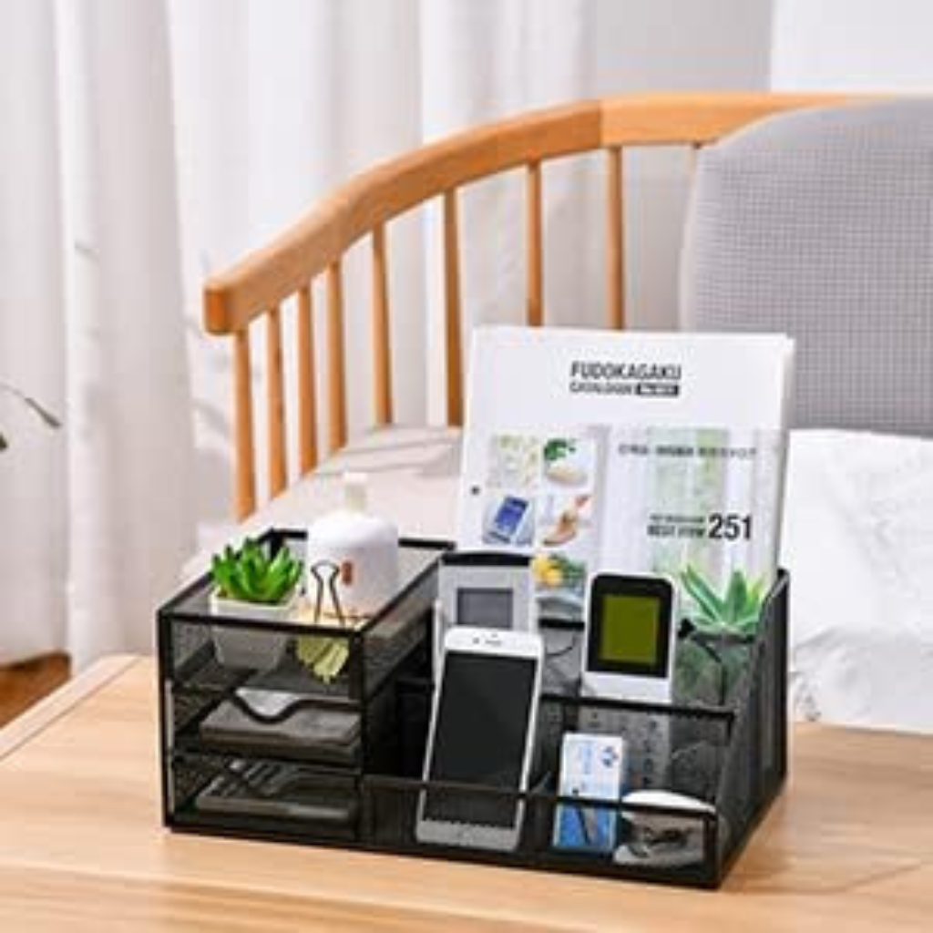 Mesh bureau organizer met lades zwart, 6 compartimenten en 2 lades voor kantoorbenodigdheden