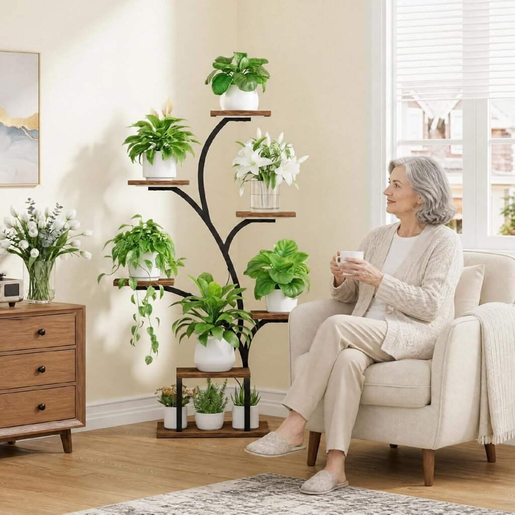 Plantenrek met groeilamp voor binnen, 7-laags metalen plantenstandaard met LED-verlichting en hoekmodel, 124,5 cm hoog