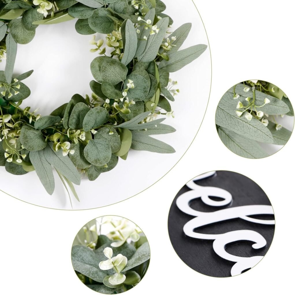 Eucalyptus bladeren krans voor voordeur 46 cm met welkom bord, groene kunstmatige deurkrans voor lente en zomer, raam- en wanddecoratie