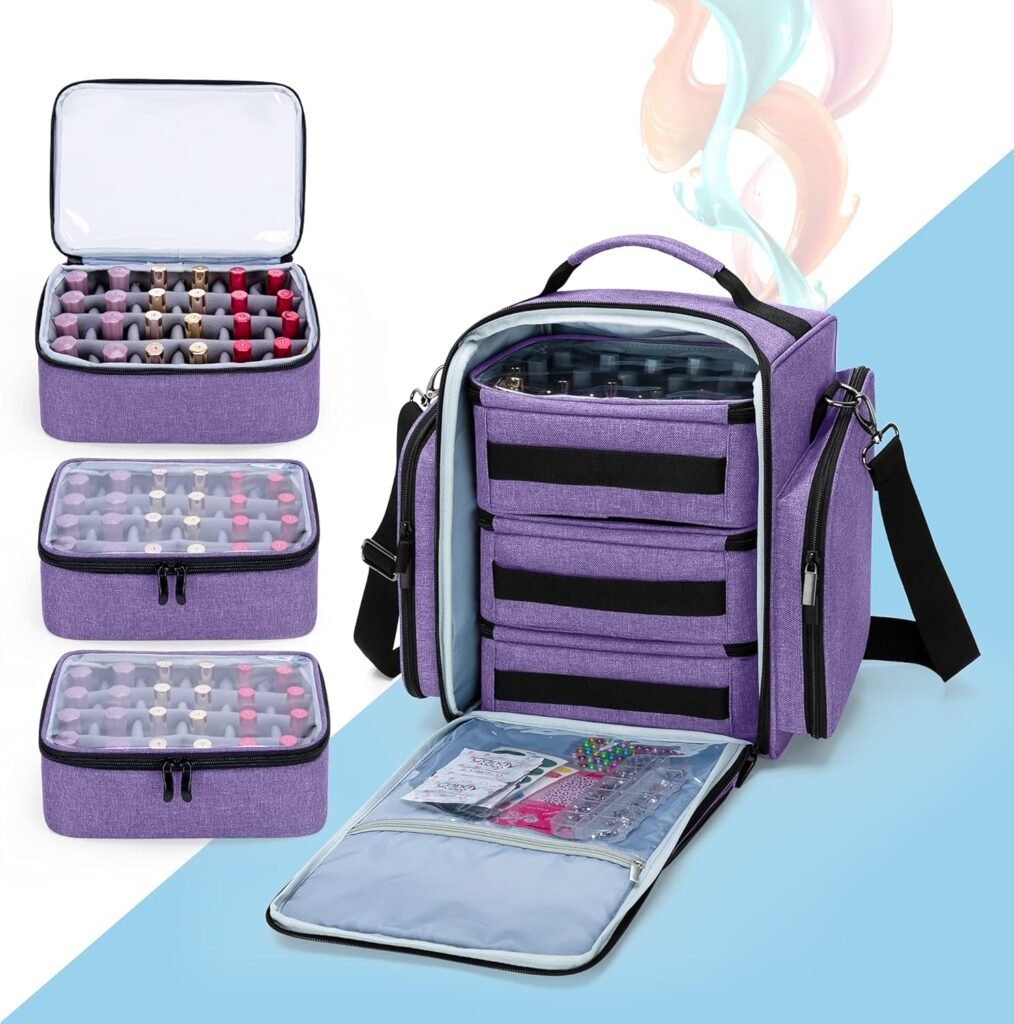 Nagellak organizer koffer voor 72 flessen met opbergvakken en verwijderbare pouches in paars