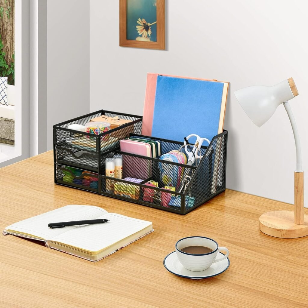 Mesh bureau organizer met lades zwart, 6 compartimenten en 2 lades voor kantoorbenodigdheden