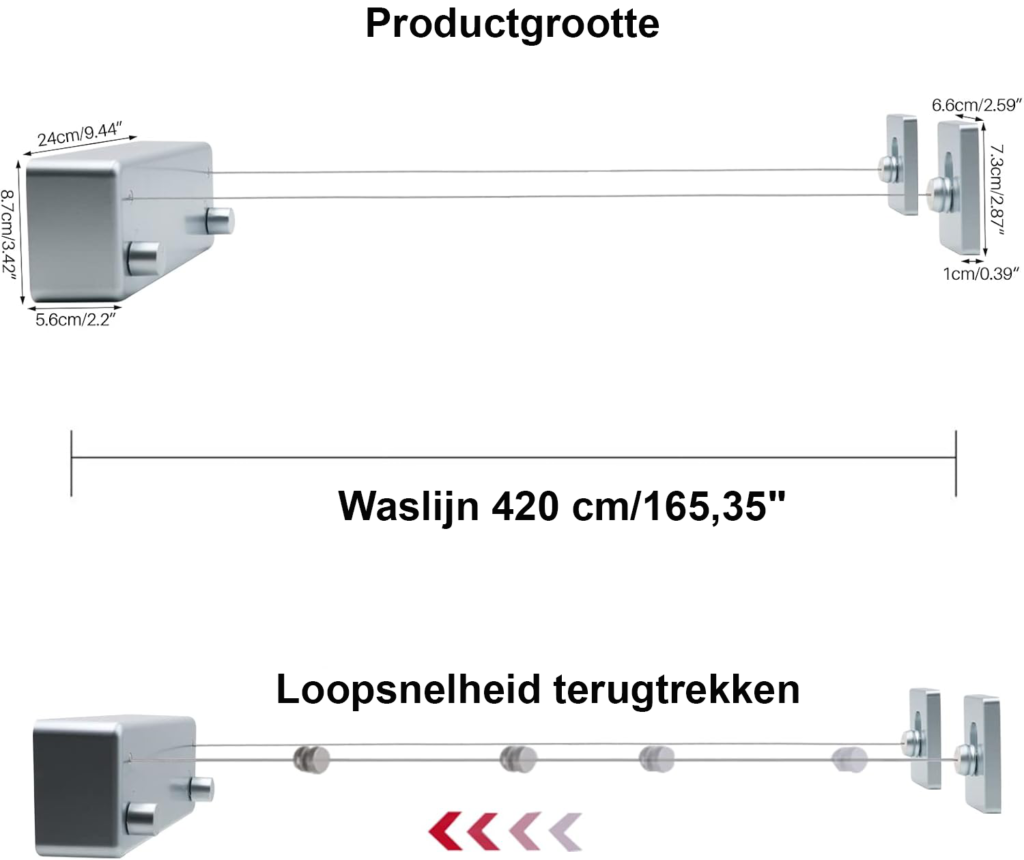 Uittrekbare dubbele waslijn voor wandmontage, verstelbaar tot 4,2 meter voor binnengebruik